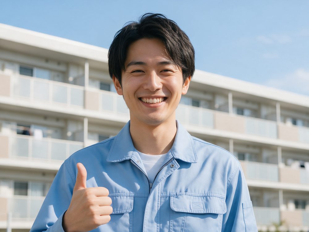 作業着で笑顔の男性